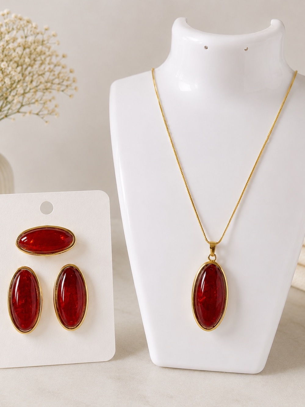 Elegant Gold-Plated Red Oval Pendant Necklace ring and Earring Set